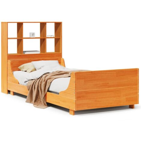 Lit simple，Lit adulte，Lit bibliothèque sans matelas cire marron 100x200cm bois massif CFW687091
