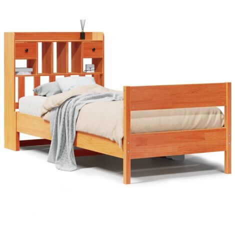 Lit simple，Lit adulte，Lit bibliothèque sans matelas cire marron 75x190 cm pin massif CFW27366