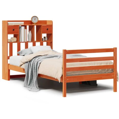 Lit simple，Lit adulte，Lit bibliothèque sans matelas cire marron 75x190 cm pin massif CFW370985