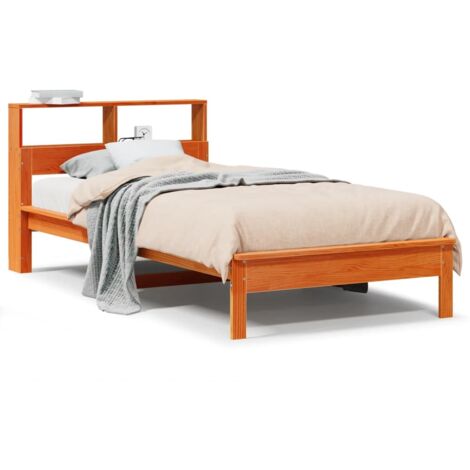 Lit simple，Lit adulte，Lit bibliothèque sans matelas cire marron 90x190 cm pin massif CFW67742