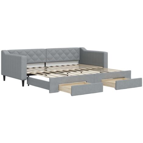 Lit simple，Lit adulte，Lit de jour avec gigogne et tiroirs gris clair 90x200 cm tissu CFW64880