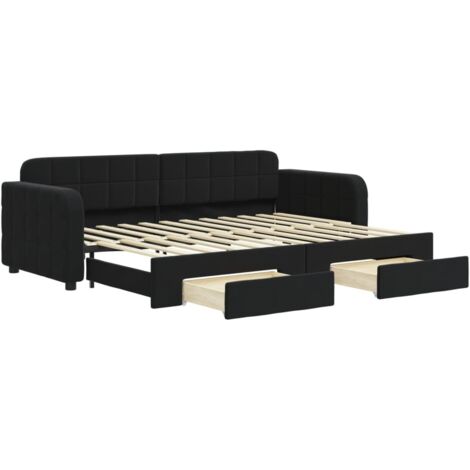 Lit simple，Lit adulte，Lit de jour avec gigogne et tiroirs noir 80x200 cm velours CFW27461