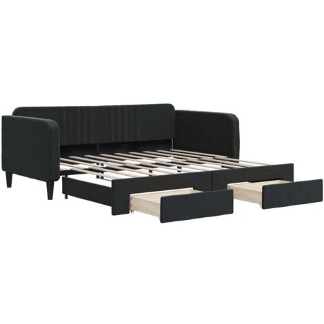 Lit simple，Lit adulte，Lit de jour avec gigogne et tiroirs noir 90x190 cm velours CFW330746