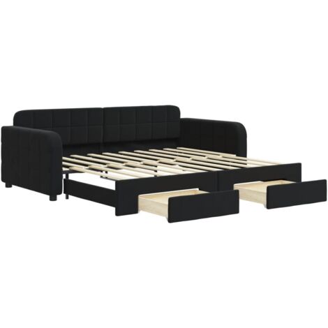 Lit simple，Lit adulte，Lit de jour avec gigogne et tiroirs noir 90x190 cm velours CFW98815