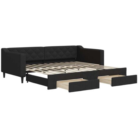 Lit simple，Lit adulte，Lit de jour avec gigogne et tiroirs noir 90x200 cm tissu CFW74827