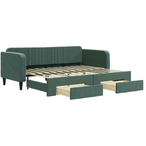 Lit simple，Lit adulte，Lit de jour avec gigogne et tiroirs vert foncé 90x200cm velours CFW23391