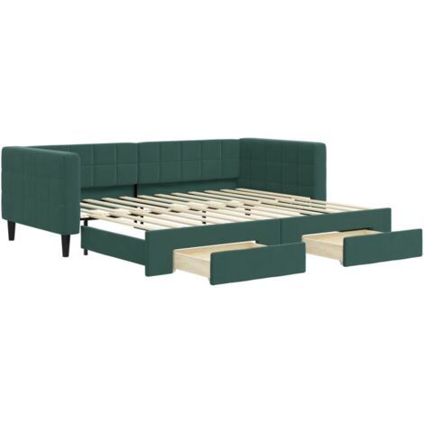 Lit simple,Lit adulte,Lit de jour avec gigogne et tiroirs vert foncé 90x200cm velours CFW61632