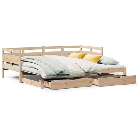 Lit simple，Lit adulte，Lit de jour et lit gigogne et tiroirs 90x190 cm bois pin massif CFW96246