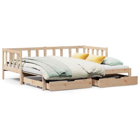 Lit simple，Lit adulte，Lit de jour et lit gigogne et tiroirs 90x200 cm bois pin massif CFW55561