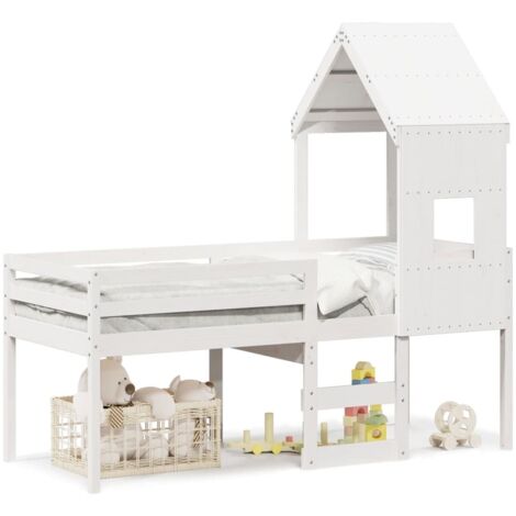 Lit simple，Lit adulte，Lit haut avec toit blanc 80x200 cm bois de pin massif CFW49699