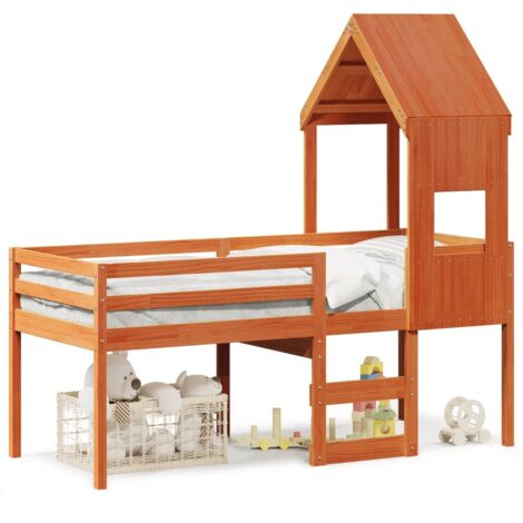 Lit simple，Lit adulte，Lit haut avec toit cire marron 75x190 cm bois de pin massif CFW20985