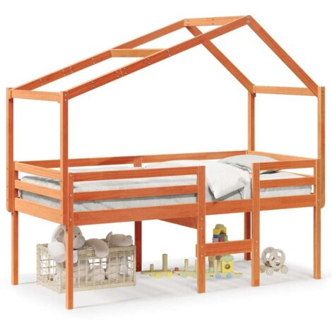 Lit simple，Lit adulte，Lit haut avec toit cire marron 75x190 cm bois de pin massif CFW35230