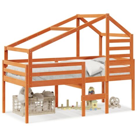 Lit simple，Lit adulte，Lit haut avec toit cire marron 75x190 cm bois de pin massif CFW76350
