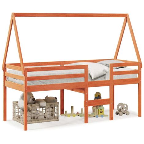 Lit simple，Lit adulte，Lit haut avec toit cire marron 90x200 cm bois de pin massif CFW39875