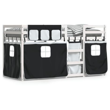 Lit simple，Lit adulte，Lit superposé avec rideaux blanc/noir 75x190 cm bois pin massif CFW96013