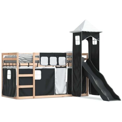 Lit simple，Lit adulte，Lit superposé avec toboggan et rideaux blanc et noir 80x200 cm CFW25915