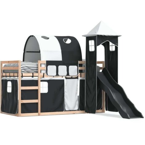 Lit simple，Lit adulte，Lit superposé avec toboggan et rideaux blanc et noir 90x190 cm CFW38643