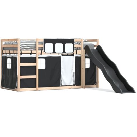 Lit simple，Lit adulte，Lit superposé avec toboggan et rideaux blanc et noir 90x190 cm CFW70098