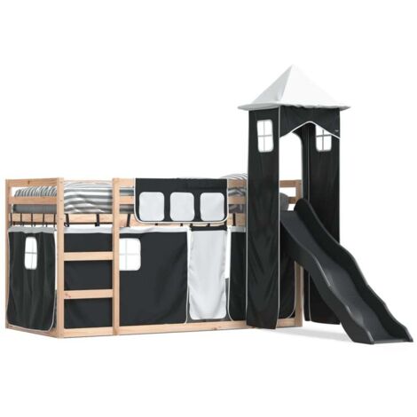 Lit simple，Lit adulte，Lit superposé avec toboggan et rideaux blanc et noir 90x190 cm CFW90995
