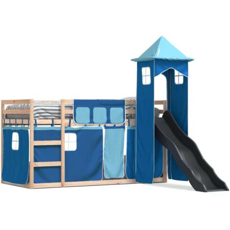 Lit simple，Lit adulte，Lit superposé avec toboggan et rideaux bleu 90x190 cm CFW65793