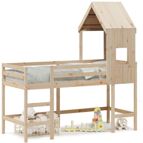 Lit simple，Lit adulte，Lit superposé et échelle et toit 80x200 cm bois de pin massif CFW64532