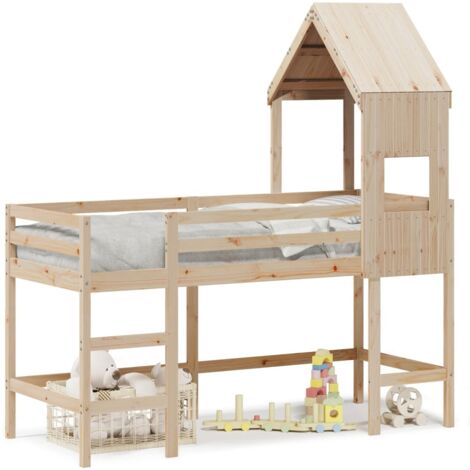 Lit simple，Lit adulte，Lit superposé et échelle et toit 90x190 cm bois de pin massif CFW24462