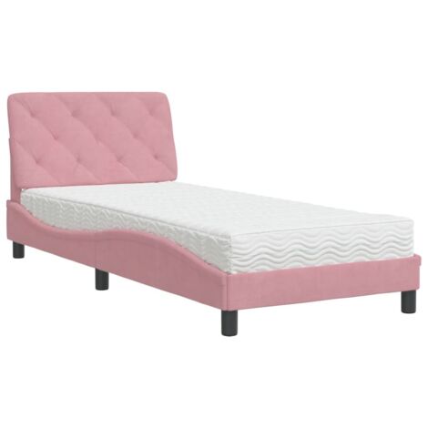 Lit Simple，Lit avec matelas rose 90x190 cm velours