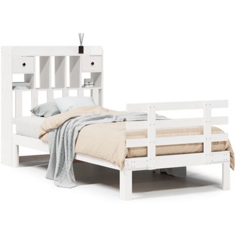 Lit Simple，Lit bibliothèque sans matelas blanc 90x190cm bois de pin massif