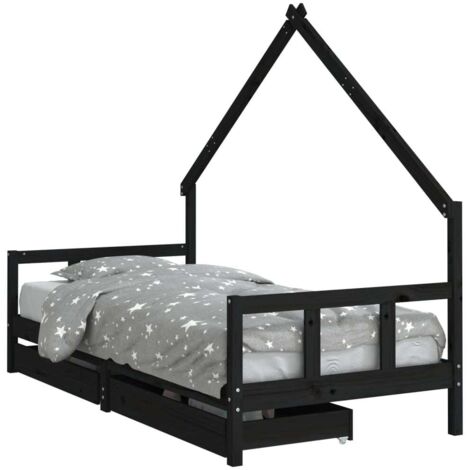 Lit Simple，Lit enfant，Cadre de lit enfant avec tiroirs noir 90x200 cm bois pin massif CFW8445060