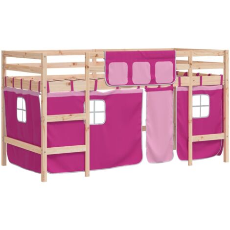 Lit simple，Lit mezzanine enfants et rideaux rose 90x190cm bois pin massif CFW89377