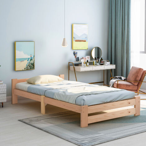 Lit simples pour adultes/enfants 90x200 cm, sommier à lattes, bois, sans matelas, naturel