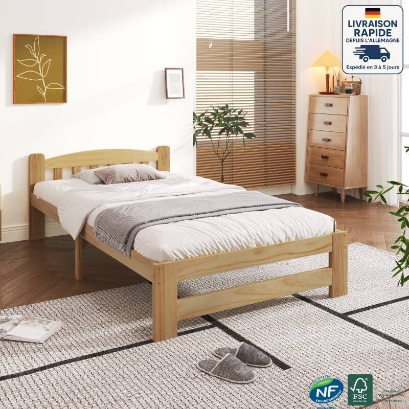 Lit simples pour adultes/enfants 90x200 cm, sommier à lattes, bois, sans matelas, naturel