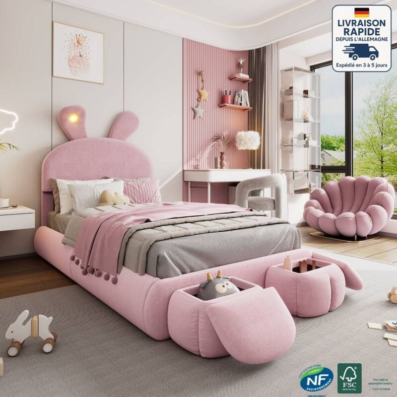 Lit simples pour enfants 90x200cm avec 2 tabourets de rangement, tête de lit en forme de lapin, hydraulique, led, velours, sans matelas, rose