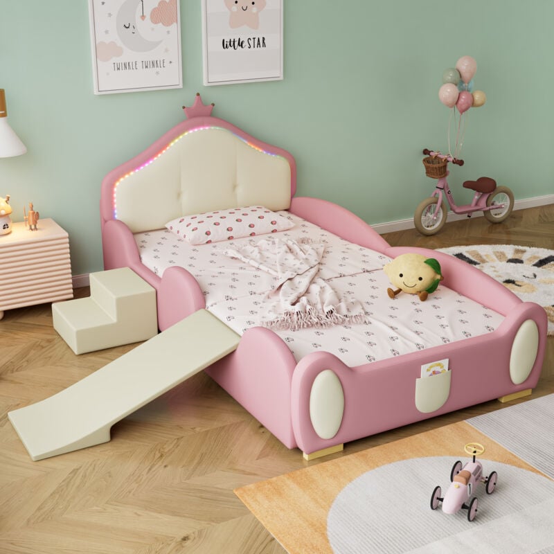 Lit simples pour enfants 90x200cm avec toboggan et échelle, tête de lit avec moulure, led, pu, ​​sans matelas, rose + beige