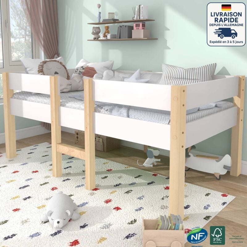 Modfu - Lit simples pour enfants 90x190cm, sommier à lattes, bois, sans matelas, blanc + naturel