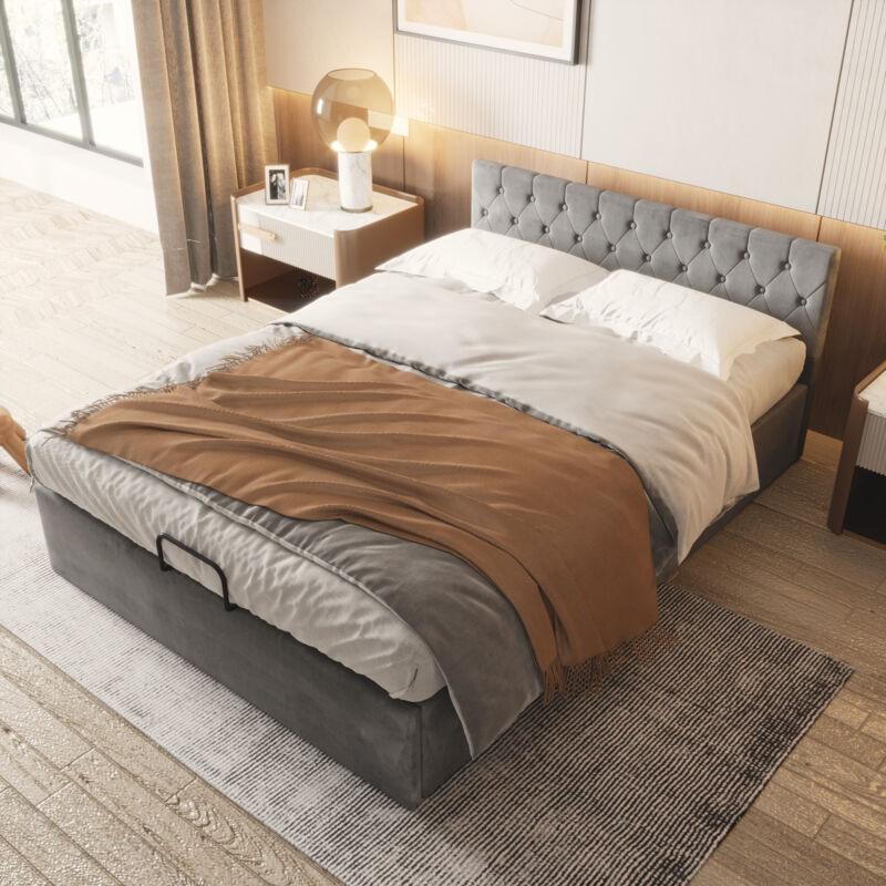 Keepbuying - Lit coffre 140 x 200 cm Lit avec Boîte Velours Tissu Rayonnage Lit Double avec Rangement, Pieds en Bois, Gris