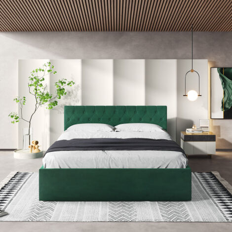 Lit softback avec boîte velours tissu sommier rack double rangement pieds en bois noir (vert, 140 x 200 cm)