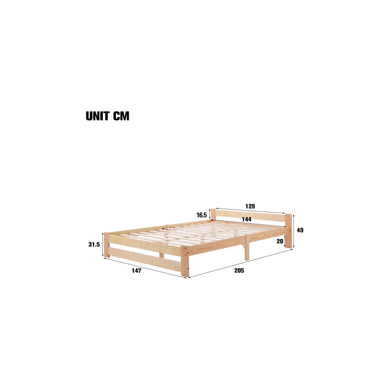 200x140cm Lit Solide lit en bois massif Lit futon en bois massif naturel Lit en avec tête de lit et sommier à lattes,naturel