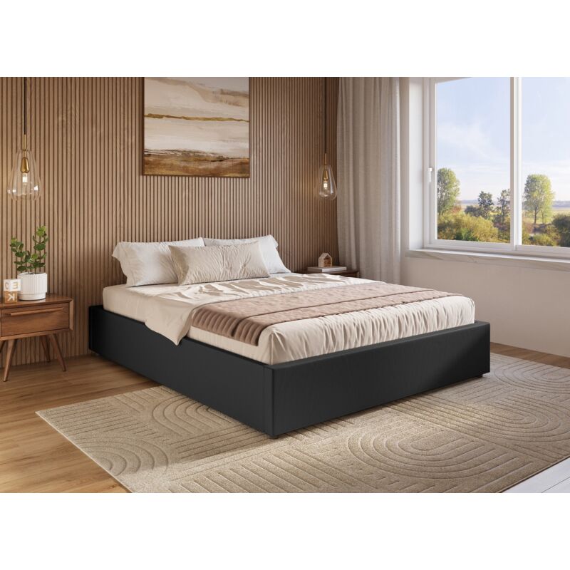 Lizban - Lit sommier relevable avec coffre en simili cuir noir 180x200 cm lizban