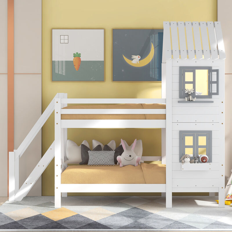 Lit superposé avec main courante et fenêtre, lit cabane, lit enfant avec protection antichute et grille, structure en pin, blanc (90x200cm) - RWLit