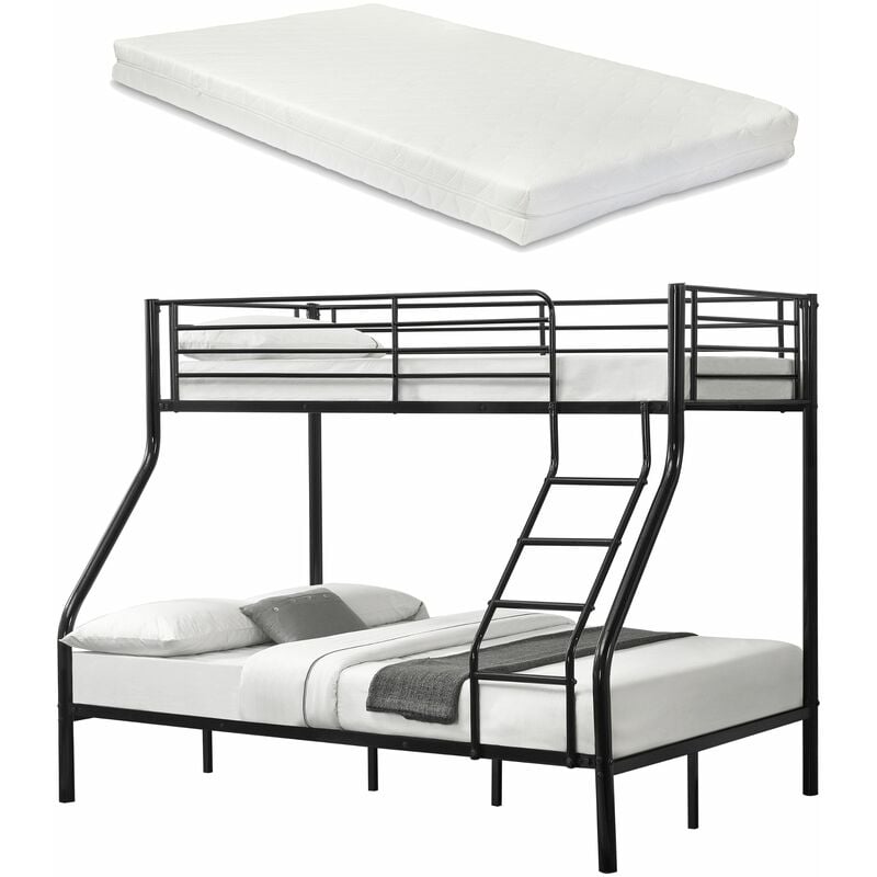 Décoshop26 - Lit superposé en Métal avec 2 Matelas Armature Massive pour 3 personnes 140 x 200 cm 90 x 200 cm Noir 030002730