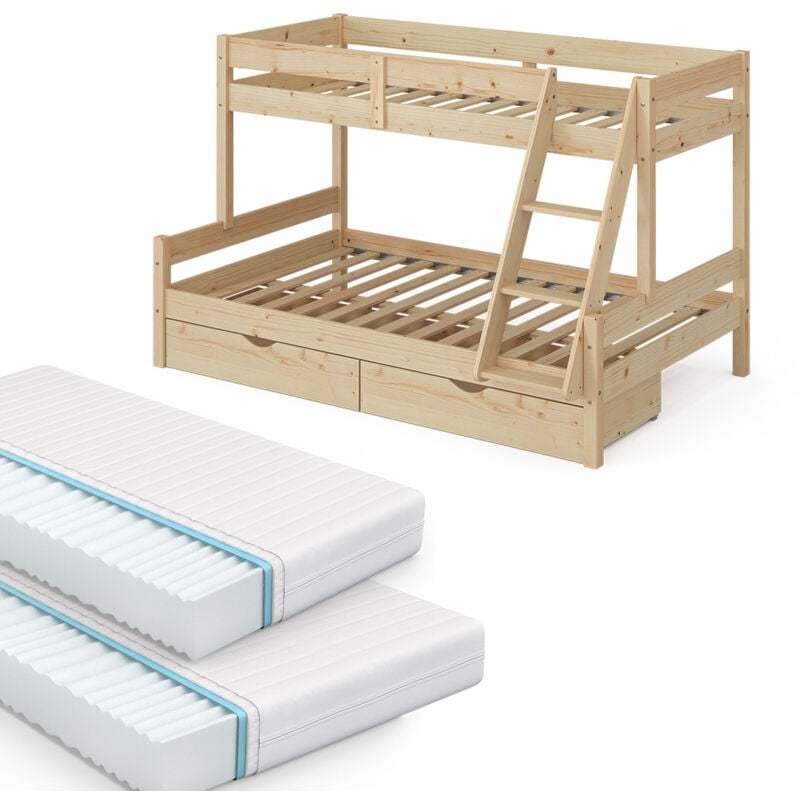 Vitalispa - Lit superposé Everest, Naturel bois, 120x200 / 80x200 cm avec 2 matelas et 2 tiroirs