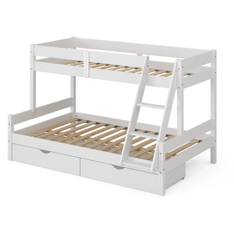 Lit superposé Everest, Blanc, 120x200 / 80x200 cm avec tiroirs, Vitalispa