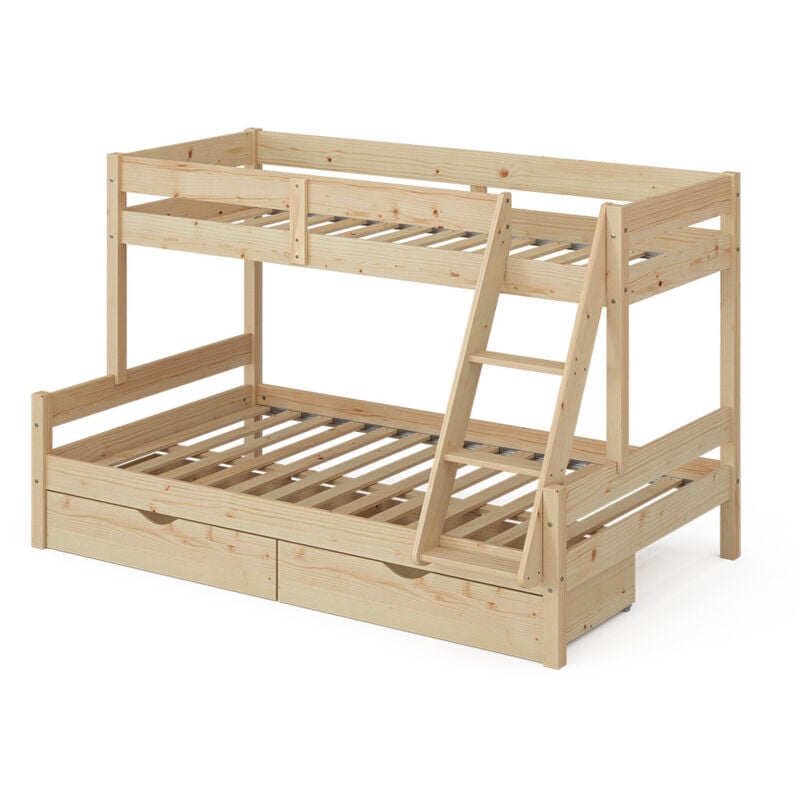 Vitalispa - Lit superposé Everest, Naturel bois, 120x200 / 80x200 cm avec tiroirs