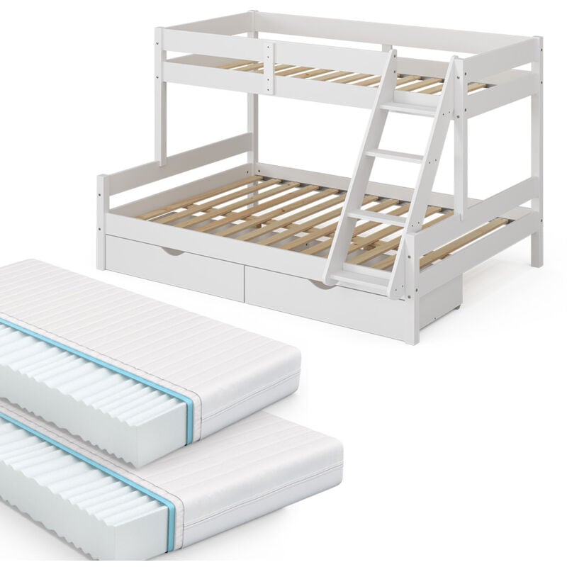 Vitalispa - Lit superposé Everest, Blanc, 140x200 / 90x200 cm avec 2 matelas et 2 tiroirs