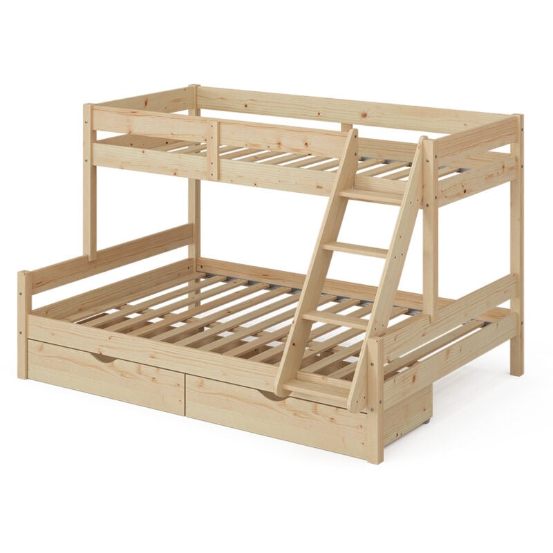 Vitalispa - Lit superposé Everest, Naturel bois, 140x200 / 90x200 cm avec tiroirs