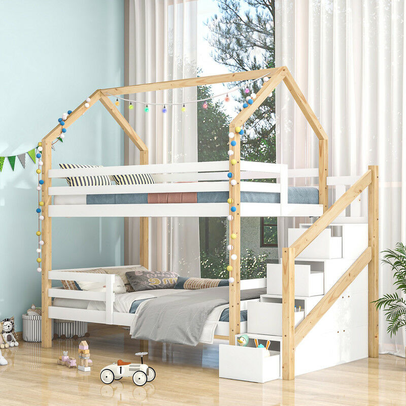 Lit superposé lit double lit d'enfant en forme de maison armoire trapézoïdale maison en pin lit d'enfant 90x200cm sans matelas couleur bois blanc