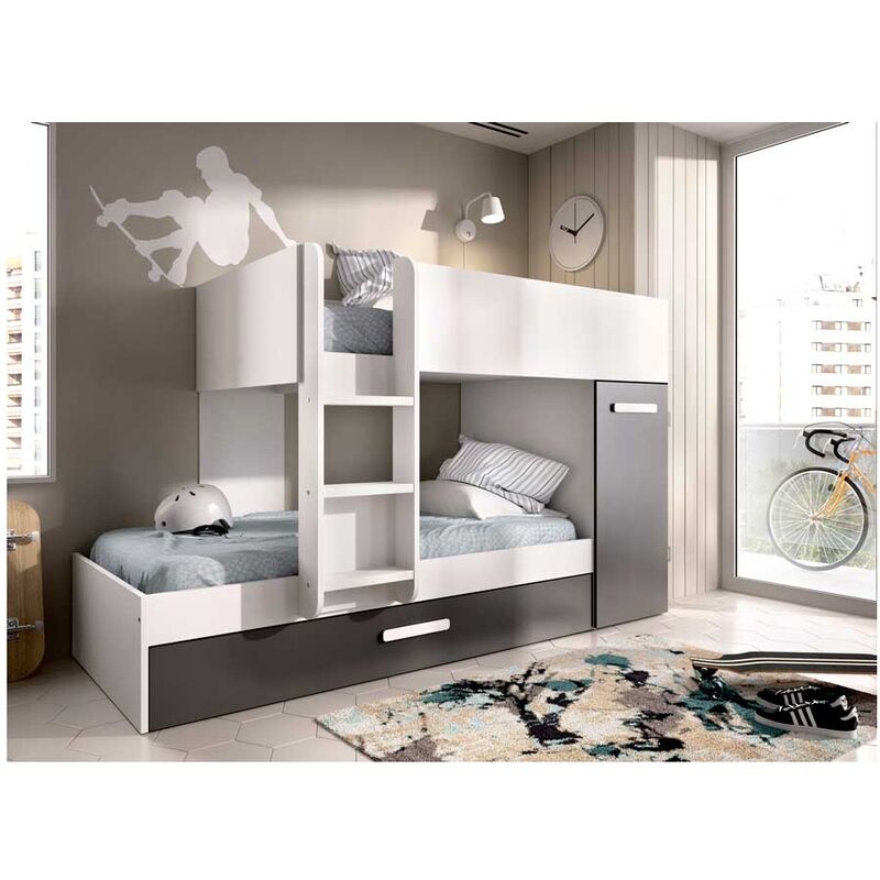 Befara - lit superposé train avec lit d'appoint et armoire lucas - Blanc / Graphite