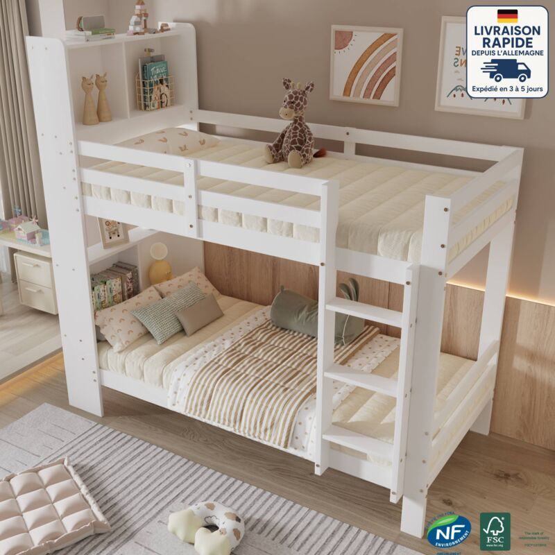 Lit superposé 120x200 cm-Lit en métal-Armoire échelle d'angle avec espace de rangement, avec table et étagères de rangement, avec penderie ouverte,