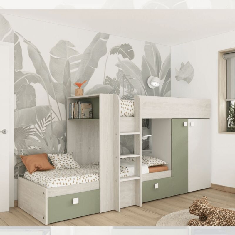 Veriaffari.it - Lit superposé 1268 vintage blanc et vert avec armoire et tiroirs